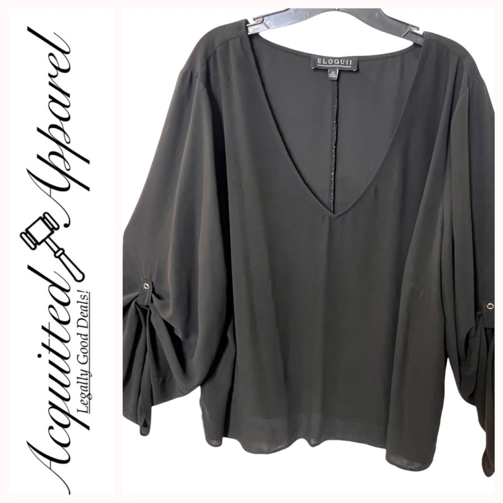 Eloquii Black Sheer Top Pull Up Snap Button Sleev… - image 1